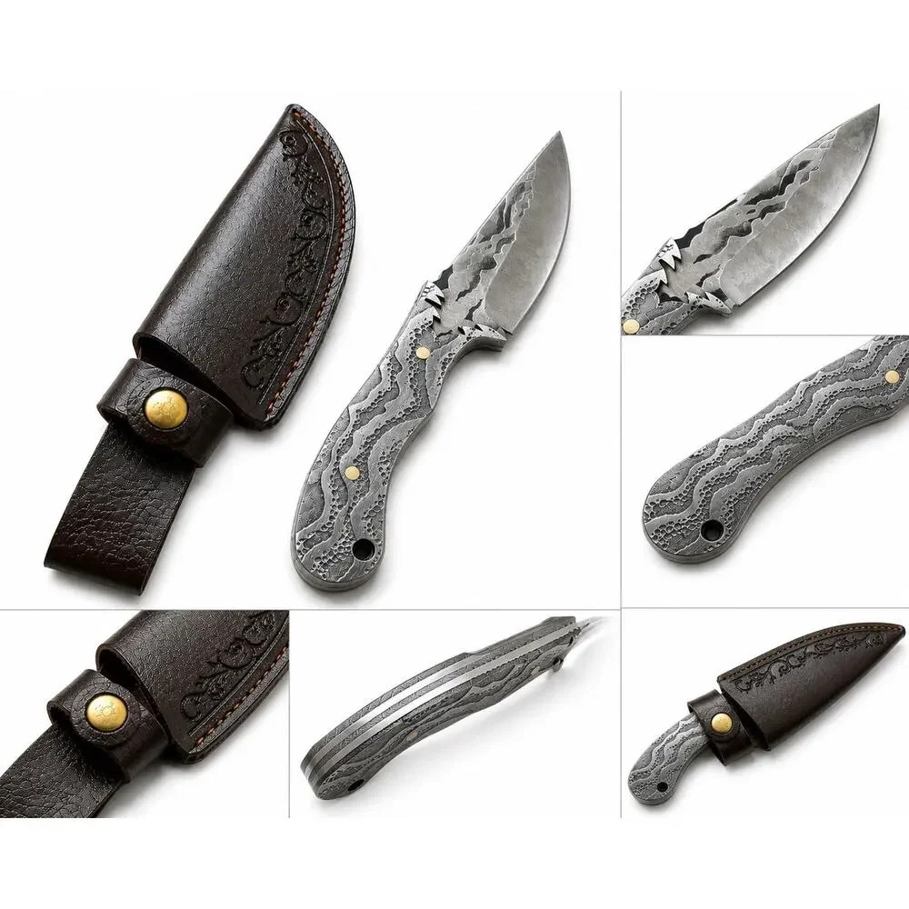Damascus Steel Fixed Blade Hunting Knife Full Tang w/ Leather Sheath Handmade